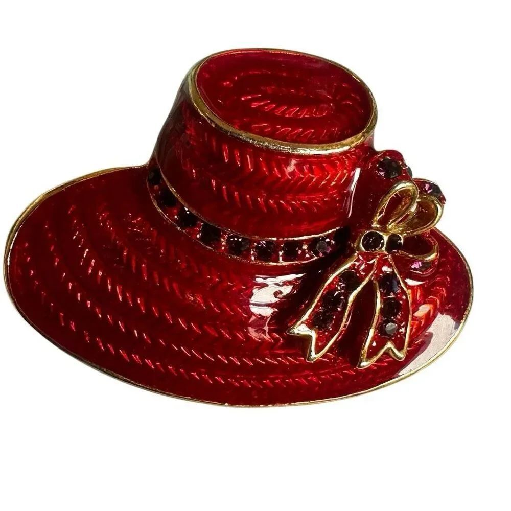 Red Enamel Wide-Brim Hat Brooch w/ Rhinestone Bow, Gold Tone
